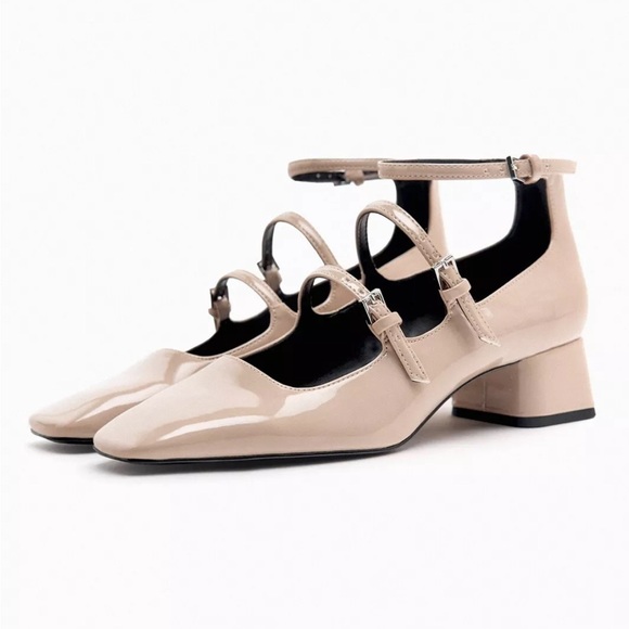 Zara NWT Beige tan multi strap square toe patent Mary Jane block heels - Picture 2 of 9